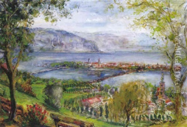 Blick Vom Hoyerberg Auf Holdereggen, Die Insel Lindau Und Gebirgspanorama Oil Painting - Alfons Luger
