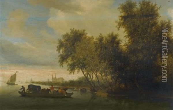 A River Landscape With A Ferry Boat And A Distant View Of Deventer Oil Painting - Salomon van Ruysdael