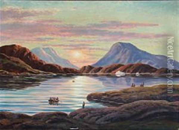 Solnedgang I Stromfjord, Holsteinsborg Oil Painting - Emanuel A. Petersen