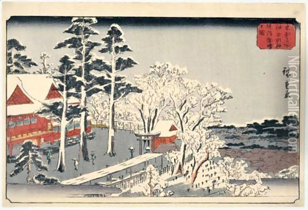 Kanda Myojin Keidai Yuki Bare No Zu. Beau Temps Apres La Neige Au Sanctuaire Myojin A Kanda Oil Painting - Utagawa or Ando Hiroshige