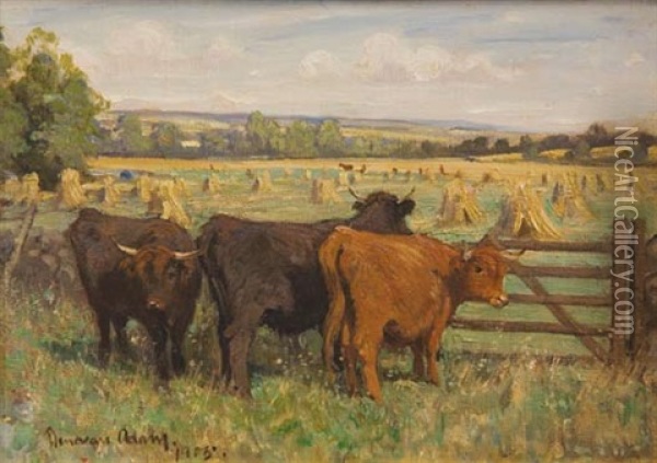 Highland Cattle At Harvest Time Oil Painting - Joseph Denovan Adam