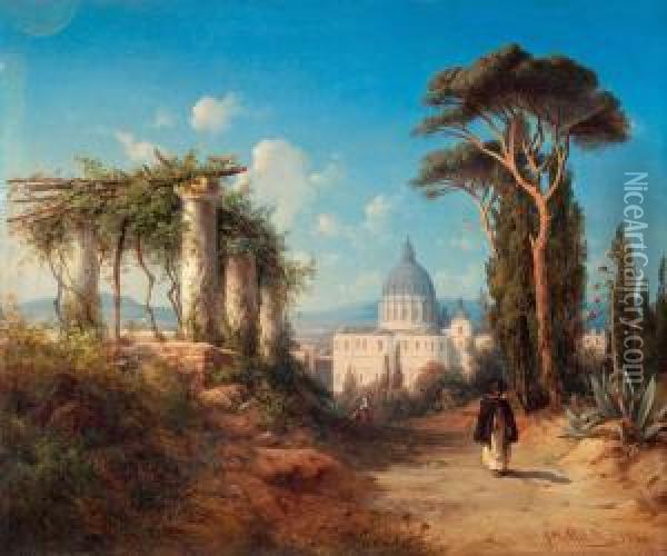 Walking Figures In The Outskirts Of Rome With Thest. 
Peter's Basilica In The Background Oil Painting - Joseph Magnus Stack