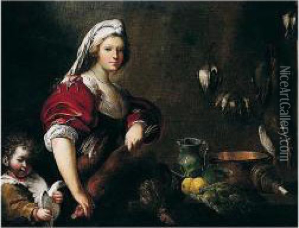 A Maidservant With A Boy In A 
Larder, A Still Life Of Artichokes, Lemons And Other Kitchen Equipment 
On A Table Beside Them Oil Painting - Pietro della Vecchia