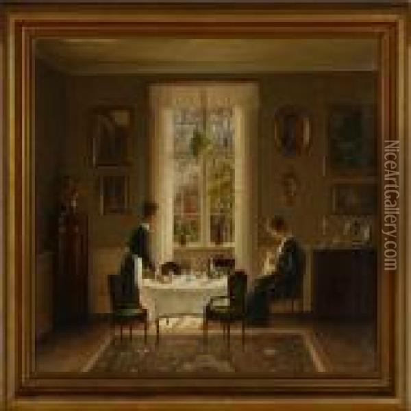 The Coffee Is Served For The Lady Of The House Oil Painting - Hans Hilsoe