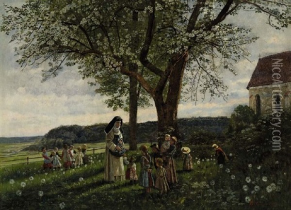 Spielende Kinder Im Klostergarten Oil Painting - Rudolf Hirth Du Frenes