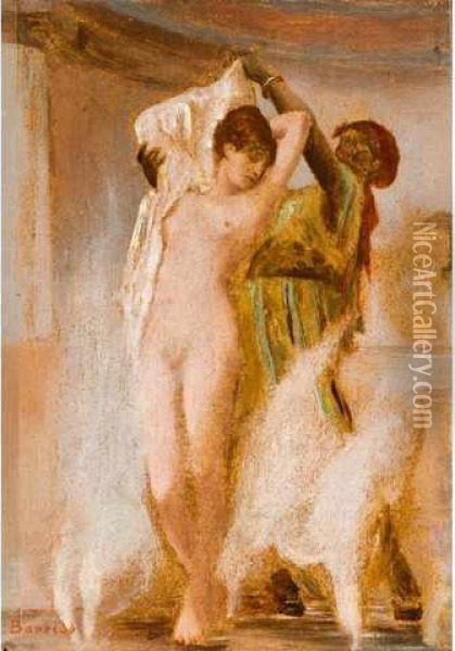 Femme Nue Et Sa Servante Dans Les Vapeurs Du Hammam Oil Painting - Felix Joseph Barrias