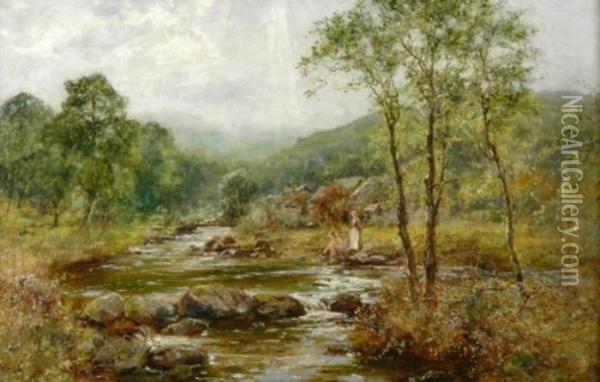 River Landscape With Two Figures Oil Painting - Henry John Yeend King