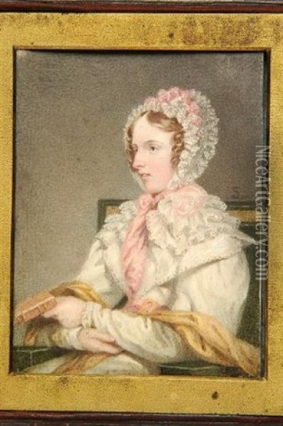 A Lady, Seated, Wearing White Dress With Layered Lace Collar, Matching Bonnet Adorned With Pink Ribbons And Yellow Shawl Across Her Lap, She Holds A Book Oil Painting - Samuel Lover