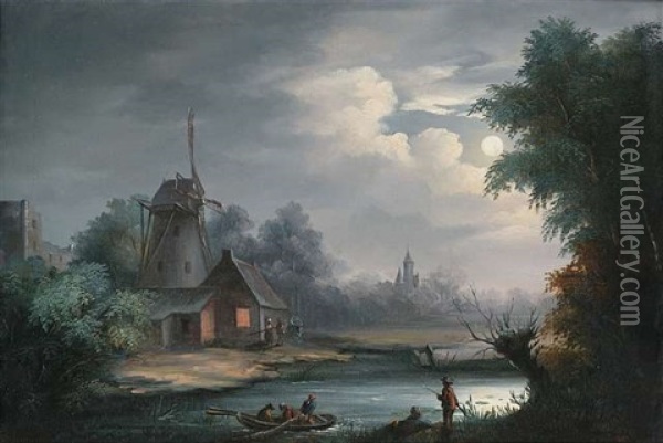 Abendliche Flusslandschaft Mit Windmuhle Oil Painting - Johann Christian Brand