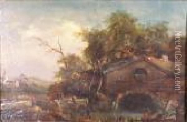 A Watermill In A Wooded Landscape Oil Painting - John Crome