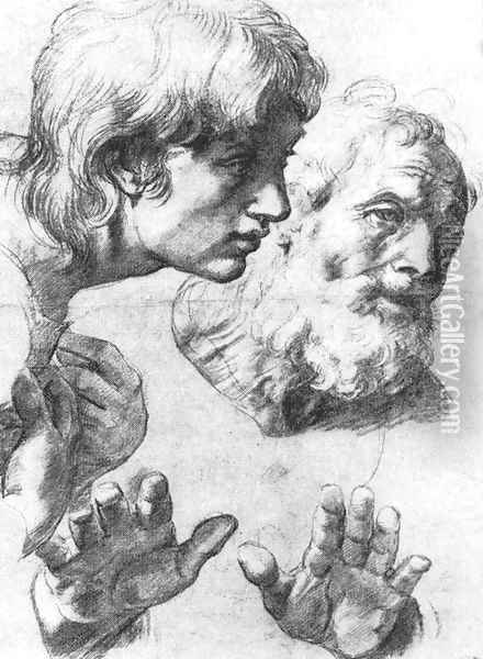 Heads and hands of the Apostles Oil Painting - Raffaelo Sanzio