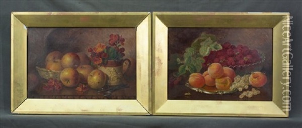 Raspberries, Peaches & Wasps; & Basket Of Fruit & Harvest Jug (2 Works) Oil Painting - Eloise Harriet Stannard