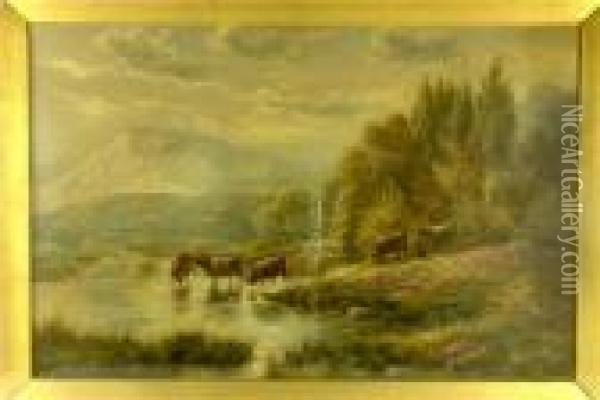 Wooded Mountain Scene With Highland Cattlescene Oil Painting - Edgar Longstaffe