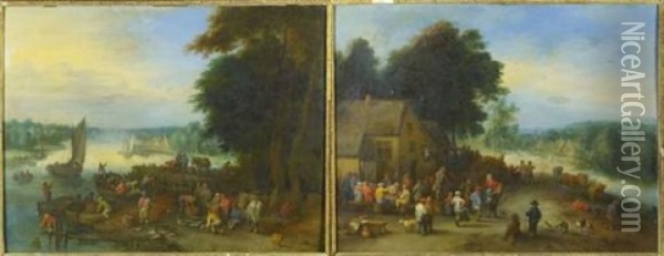 Fete Villageoise Pres De La Riviere (le Marche Aux Poissons; Pair) Oil Painting - Theobald Michau