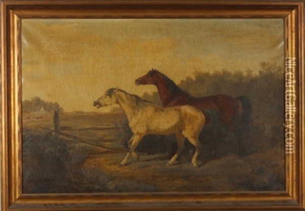 Pair Of Calvary Horses With American Military Encampment In Distance Oil Painting - Newbold Hough Trotter