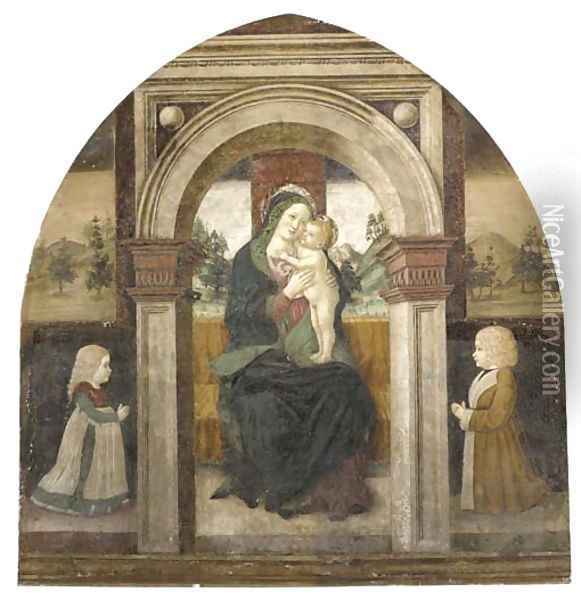 The Madonna and Child Enthroned, with two youthful donors, a landscape beyond Oil Painting - Floriano Ferramola