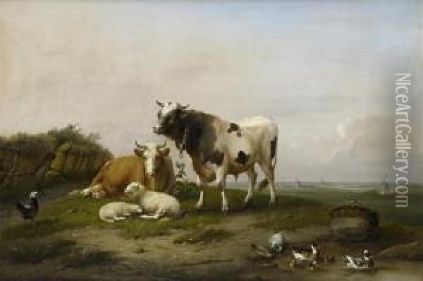 Cattle, Sheep And Poultry In A Landscape Oil Painting - Franz van Severdonck