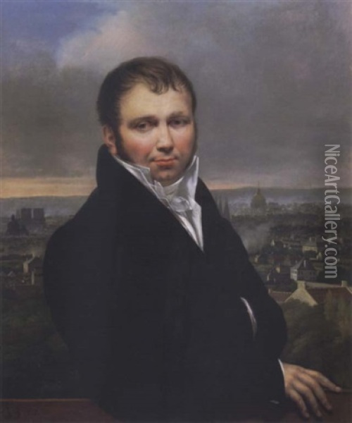 Portrait Of A Man (self-portrait?) Before A City Oil Painting - Mathieu Ignace van Bree