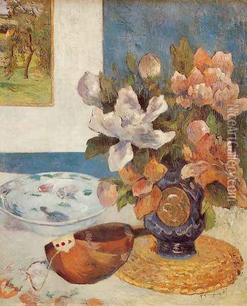 Still Life With Chinese Peonies And Mandolin Oil Painting - Paul Gauguin