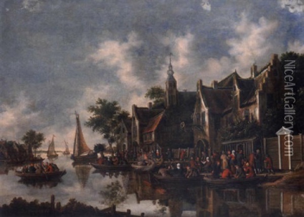 A Riverside Village With Peasants In Rowing Boats Oil Painting - Thomas Heeremans