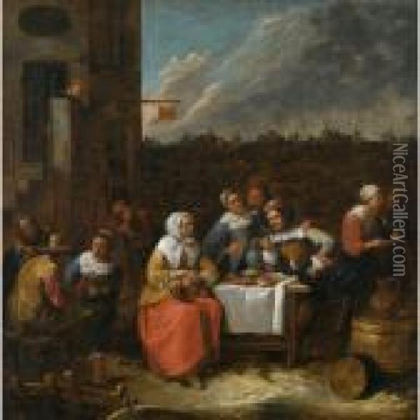 An Elegant Company Eating, Drinking And Smoking In The Courtyard Of An Inn Oil Painting - Gillis van Tilborgh