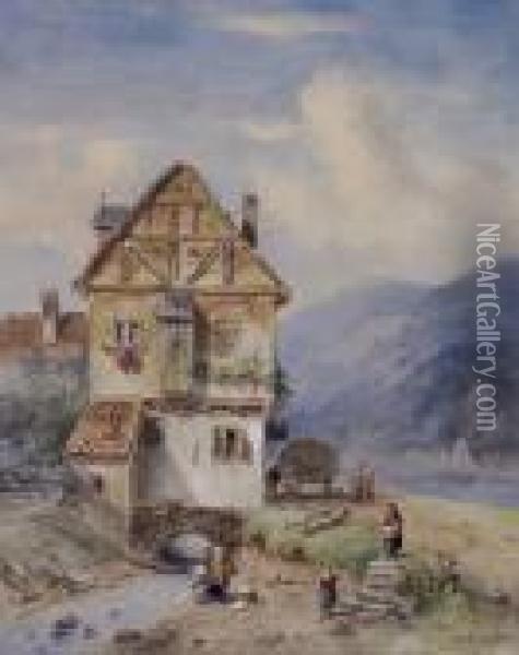 Dorfidylle Mit Wascherinnen Und Altem Fachwerkhaus Oil Painting - Charles Henri Leickert