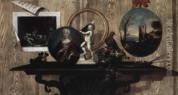 Trompe L'oeil Still Life With Paintings, A Print, Palette And Other Objects Oil Painting - Antonio (lo Scarpetta) Mara