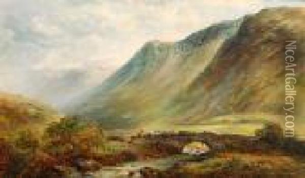 River Landscape With Shepherd Herding Cattle Over A Stone Bridge Oil Painting - David Bates
