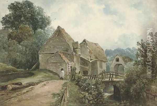A figure on a path by an old building Oil Painting - Joseph William Allen