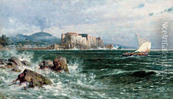 Setting Sail In The Bay Of Naples , Before The Old Fort Oil Painting - Giuseppe Carelli