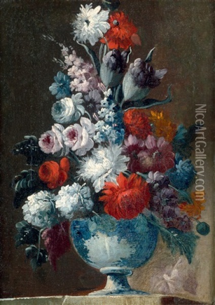 Blumenstilleben Mit Gefullten Nelken Und Rittersporn In Einer Majolikavase Oil Painting - Giuseppe Lavagna