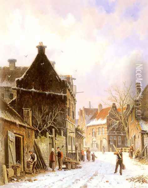 A Village Street Scene in Winter Oil Painting - Adrianus Eversen
