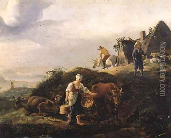 A milkmaid on a river bank, with travellers on a road by a farm in the dunes Oil Painting - Jan Wouwerman