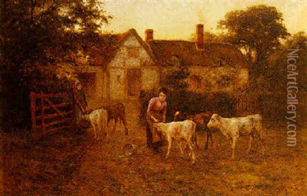 Feeding The Calves Oil Painting - Harold Joseph Swanwick