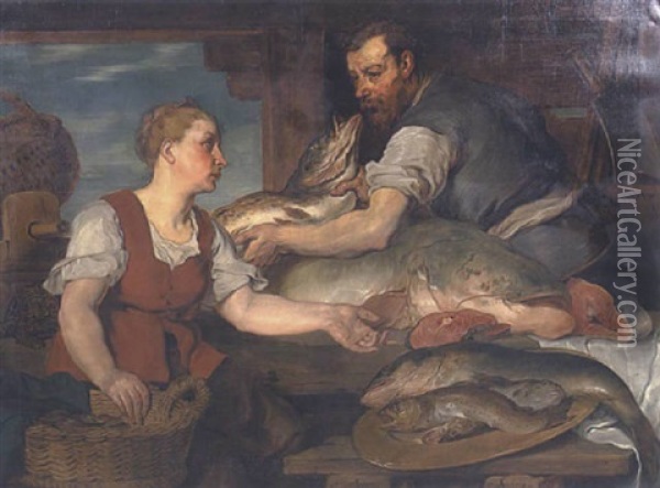 Fischmarkt - Fischhandler Und Fischhandlerin Oil Painting - Hans Canon