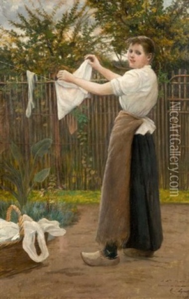 Femme Etendant Du Linge Dans Un Jardin Oil Painting - Albert Lynch