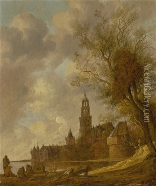 A Wooded River Landscape With Fishermen In The Foreground, Montfoort Castle And A Fortified Town Beyond Oil Painting - Anthony Jansz van der Croos