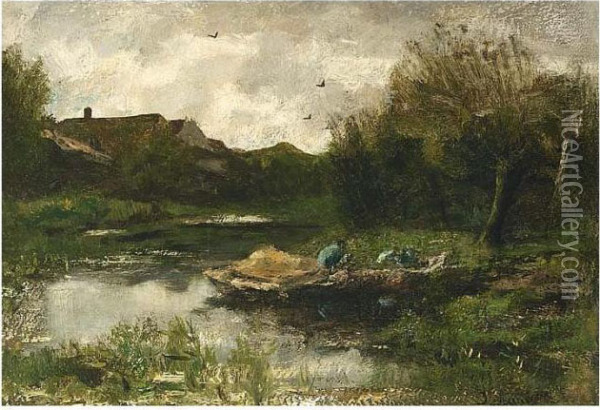 A Landscape With A Farmer In A Barge Oil Painting - Jacob Henricus Maris