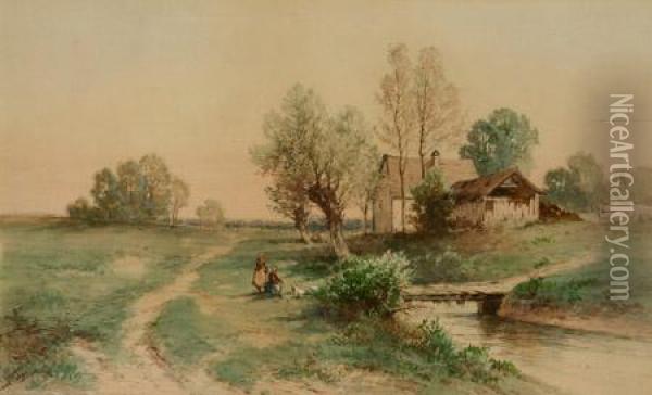 Landscape With Cottage And Figures Beside A Stream Andfootbridge Oil Painting - Carl Weber
