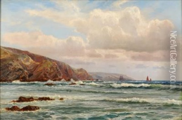An Extensive Coastal Landscape - A Sailing Schooner Heading Out To Sea, A Fishing Lugger In The Foreground Oil Painting - Arthur Wilde Parsons