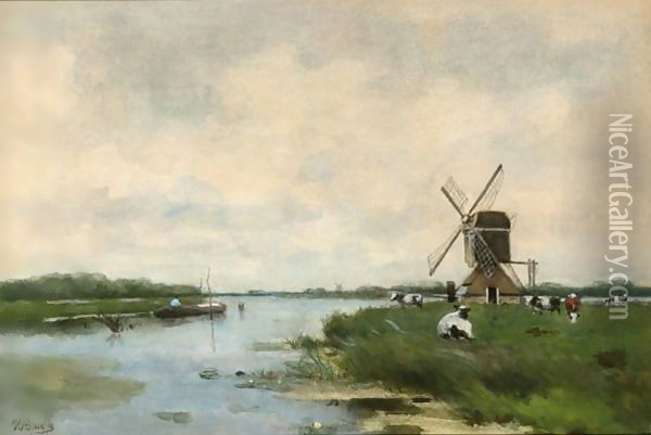 A River Landscape With A Windmill And Cattle Oil Painting - Victor Bauffe