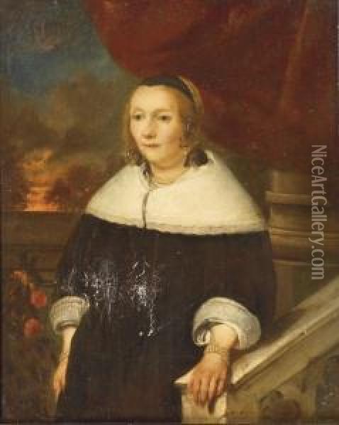 Portrait Of A Lady, 
Three-quarter-length, In A Black Dress With White Cuffs And Collar 
Standing On A Balcony, A Landscape Beyond Oil Painting - Gonzales Cocques