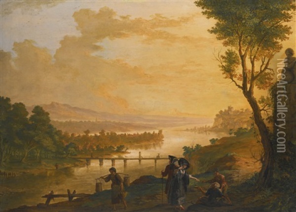 A River Landscape At Sunset, With Elegantly-dressed Figures Giving Alms To A Beggar Oil Painting - Christian Georg Schuetz the Elder