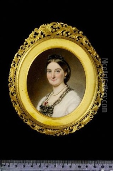 Mrs Hall Wearing White Dress With Black Lace Trim, Pink Carnation Tucked Into A Bow At Her Corsage, Pearl Necklace, Earring And Black Velvet Ribbon In Her Hair Oil Painting - Annie Dixon