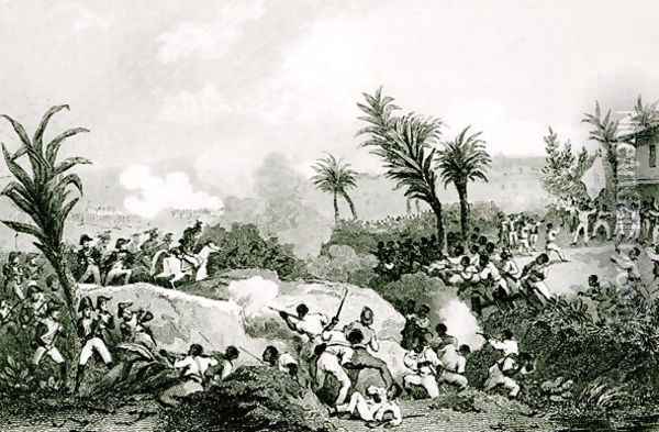 Black revolt in Santo Domingo, 16th September 1802, from Histoire Universelle du XIXe siecle, after Martine Oil Painting - Jean Francois Pourvoyeur
