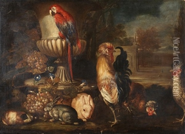 Bodegon Con Aves, Conejos, Frutas Y Flores Oil Painting - David de Coninck