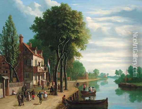 Dutch figures merrymaking on the bank of a river Oil Painting - Joseph F. Ellis