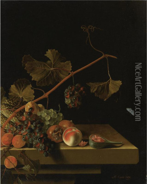 Still Life Of A Vine Twig With Grapes, Peaches, Apricots, Medlars, A Melon And A Halved Fig, Resting On A Stone Ledge Oil Painting - Adriaen Coorte