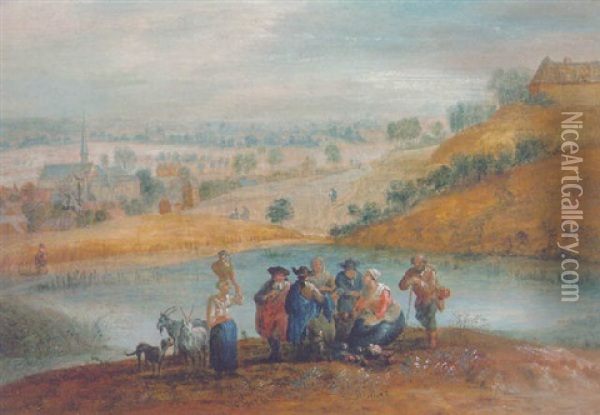 Peasants And Travellers Resting In A Landscape Oil Painting - Theobald Michau