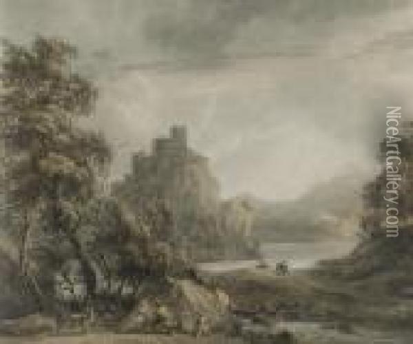 A Mountainous Landscape With A Castle And A Rustic Family In Theforeground Oil Painting - Paul Sandby